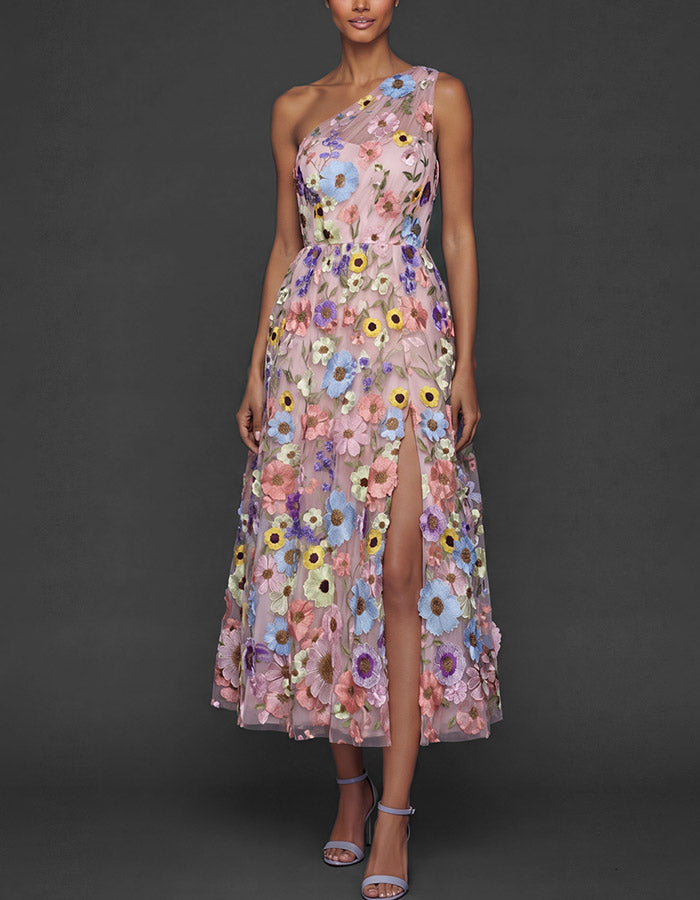 Light Blue One-Shoulder 3D Floral Tulle Midi Dress