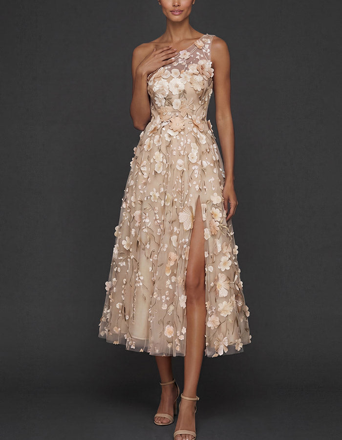 Light Blue One-Shoulder 3D Floral Tulle Midi Dress