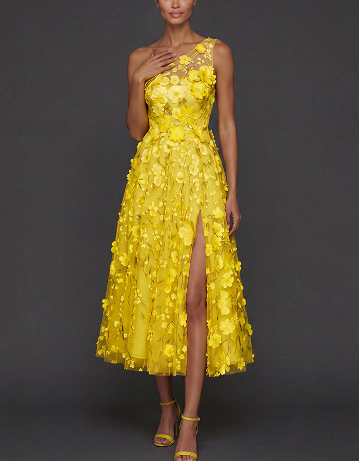 Light Blue One-Shoulder 3D Floral Tulle Midi Dress