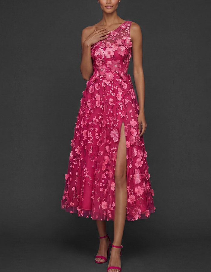 Light Blue One-Shoulder 3D Floral Tulle Midi Dress