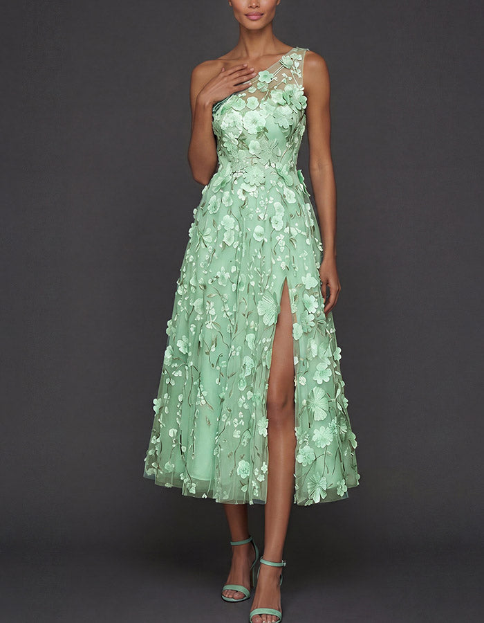 Light Blue One-Shoulder 3D Floral Tulle Midi Dress