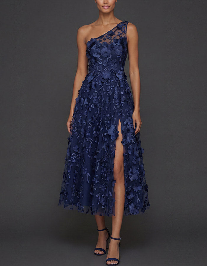 Light Blue One-Shoulder 3D Floral Tulle Midi Dress