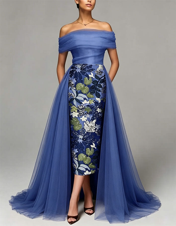Blue Off Shoulder Pleated Tulle With Floral Embroidery Maxi Dress
