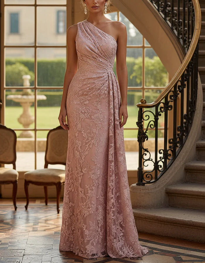 Grayish Pink One Shoulder Floral Lace Maxi Dress