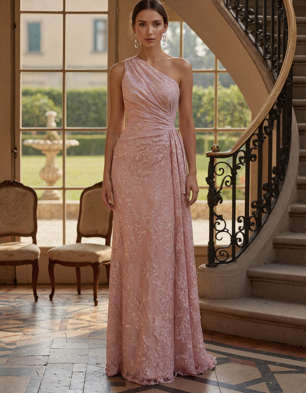 Grayish Pink One Shoulder Floral Lace Maxi Dress