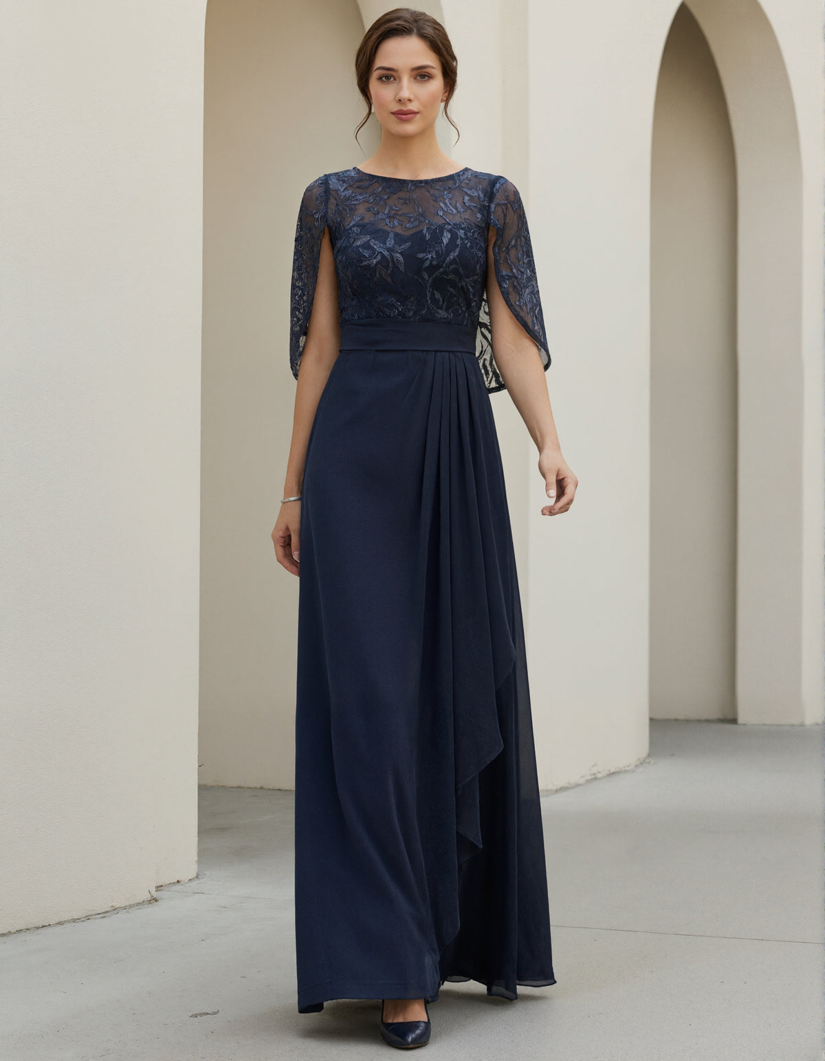 Navy Blue Lace Shawl Sleeve Chiffon Maxi Dress