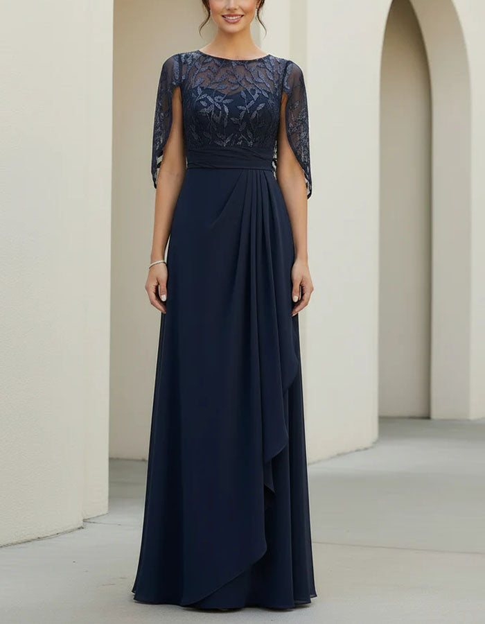 Navy Blue Lace Shawl Sleeve Chiffon Maxi Dress