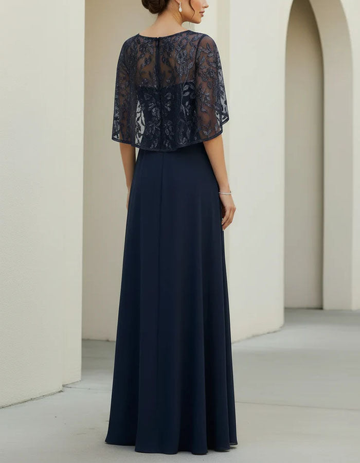 Navy Blue Lace Shawl Sleeve Chiffon Maxi Dress