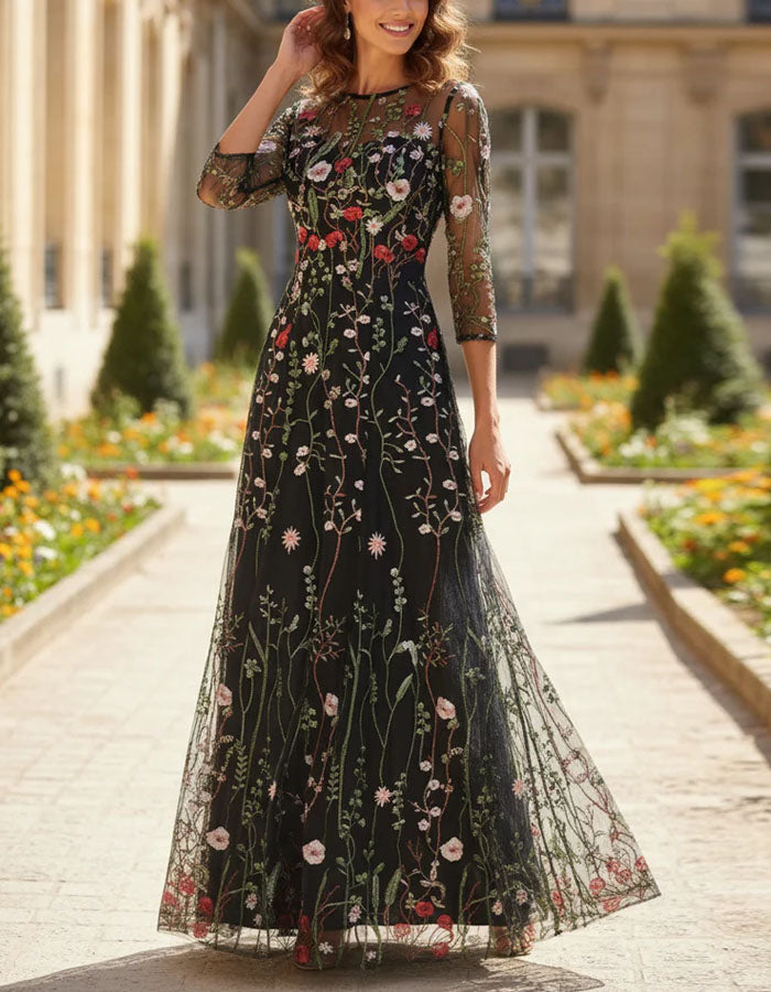 Black Tulle Three Quarter Sleeves Embroidered With Multicolored Wildflowers Maxi Dress