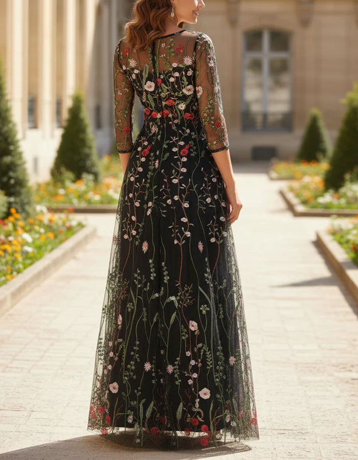 Black Tulle Three Quarter Sleeves Embroidered With Multicolored Wildflowers Maxi Dress