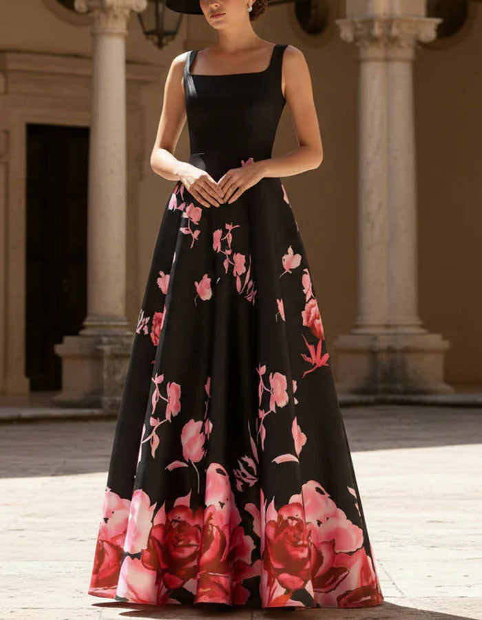 Black Square Neck Sleeveless Dress With Pink Rose Print Maxi Dress