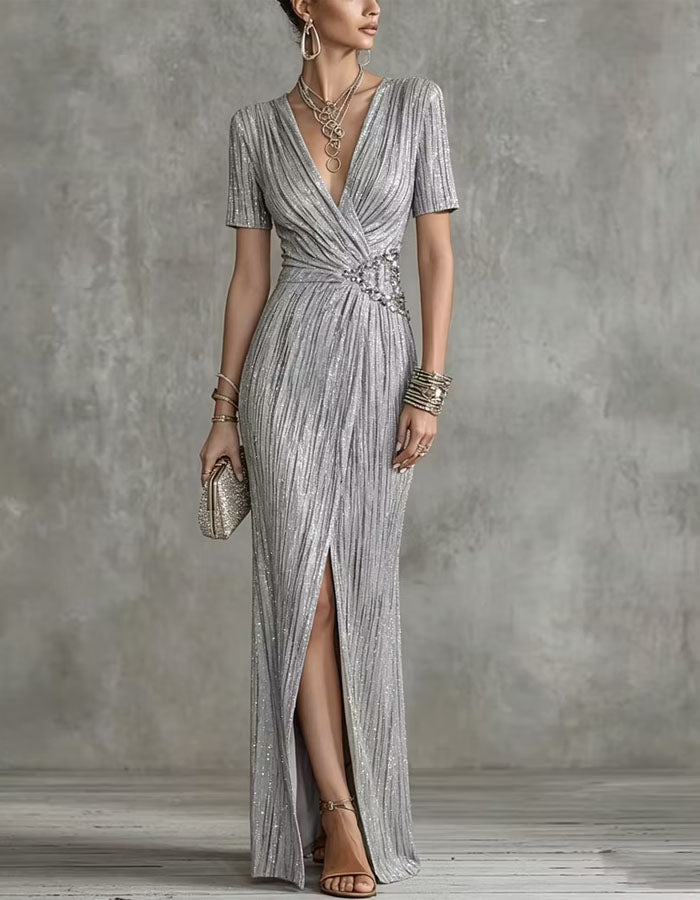 Silver V-Neck Short Sleeved Shirt Maxi Dress