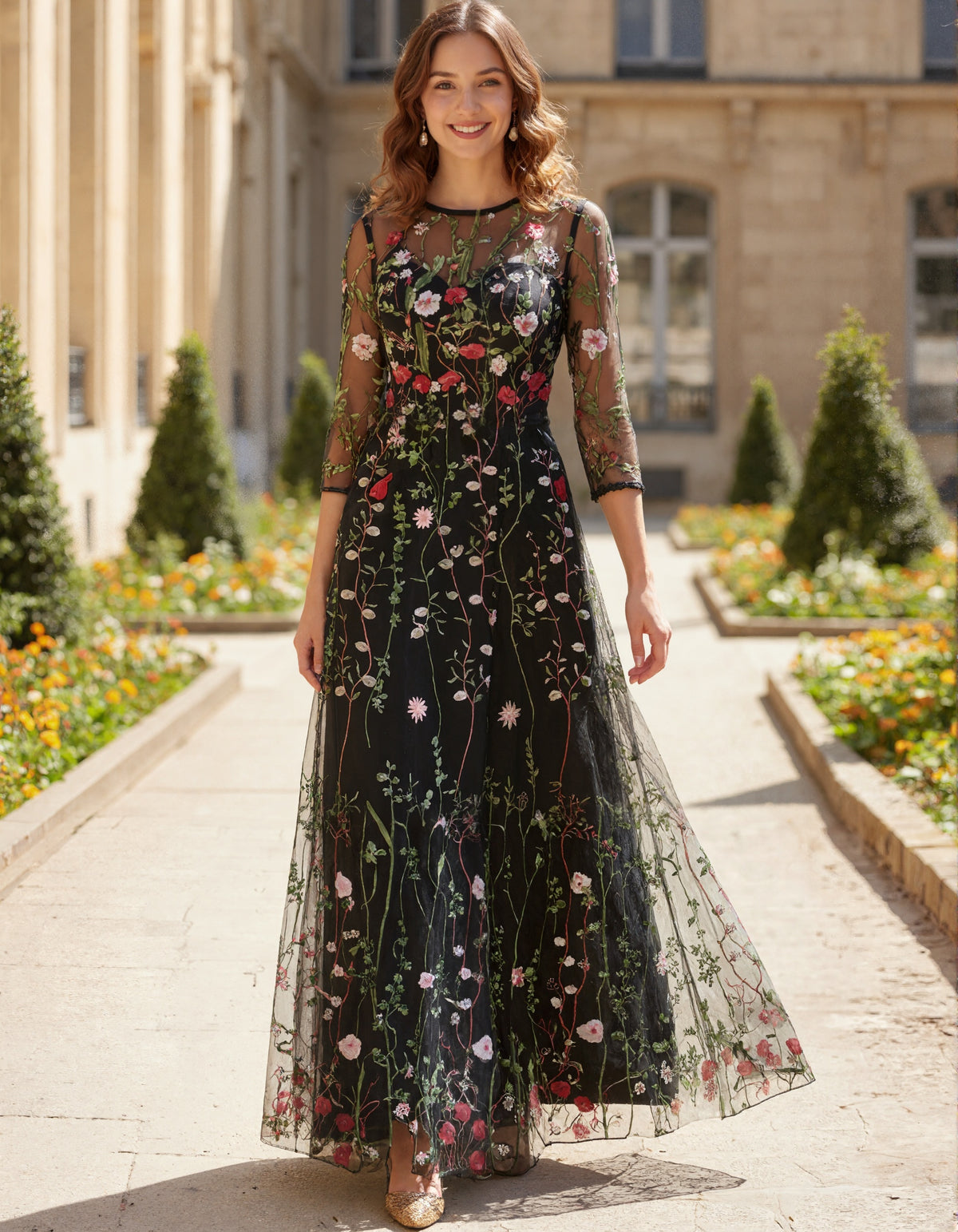 Black Tulle Three Quarter Sleeves Embroidered With Multicolored Wildflowers Maxi Dress