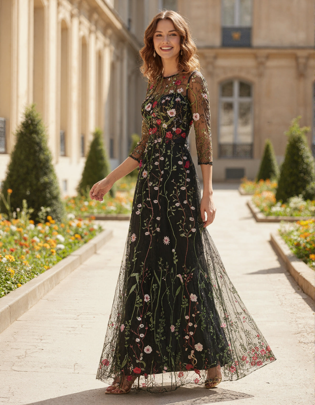 Black Tulle Three Quarter Sleeves Embroidered With Multicolored Wildflowers Maxi Dress