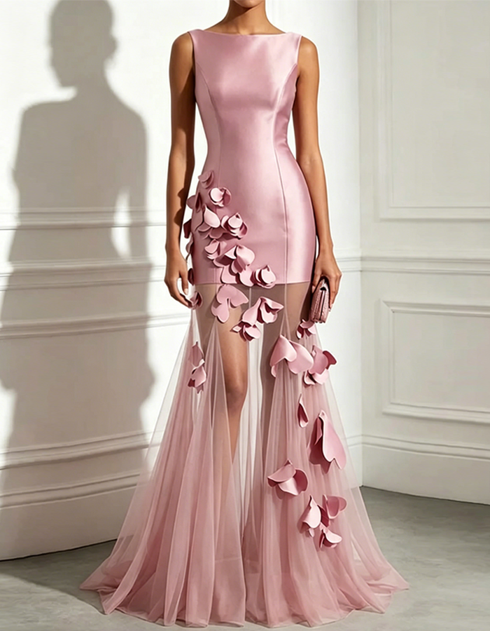 Pink Petal Appliqué Satin Tulle Maxi Dress