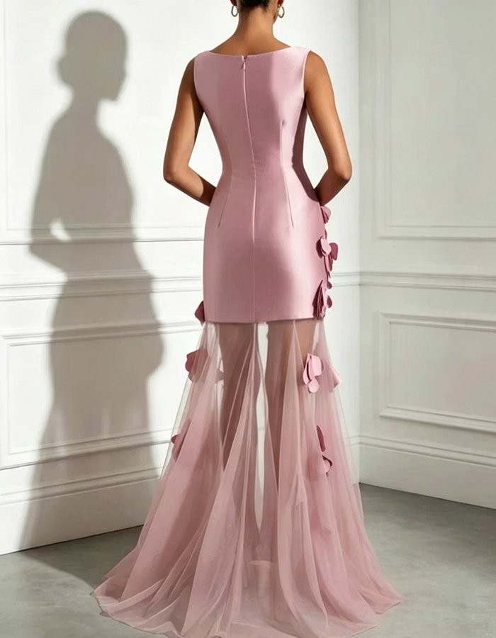 Pink Petal Appliqué Satin Tulle Maxi Dress