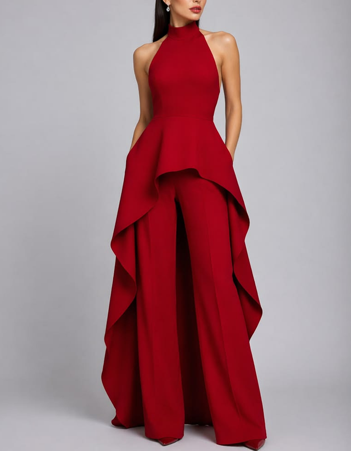 Halter-Neck Pleated Crepe Jumpsuit