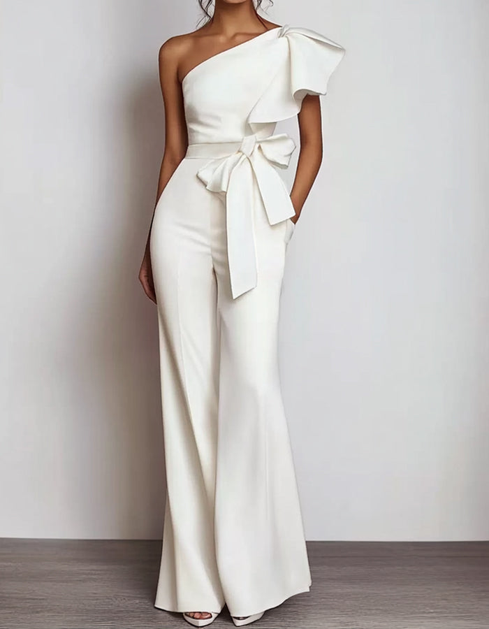 White One Shoulder Ruffled Bow Wide Leg Jumpsuit