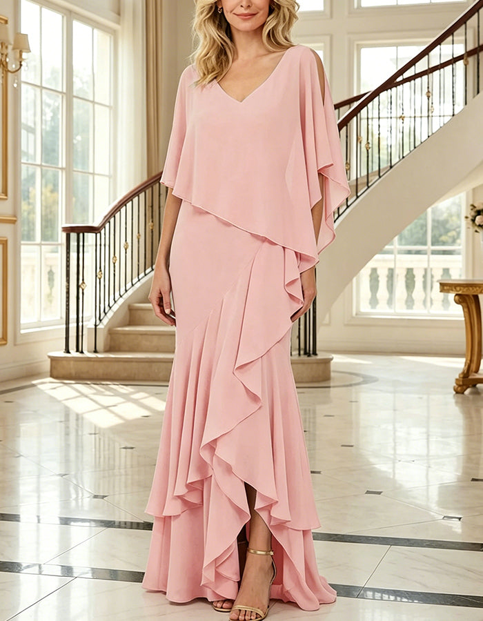 V-Neck Capelet Overlay Chiffon Maxi Dress