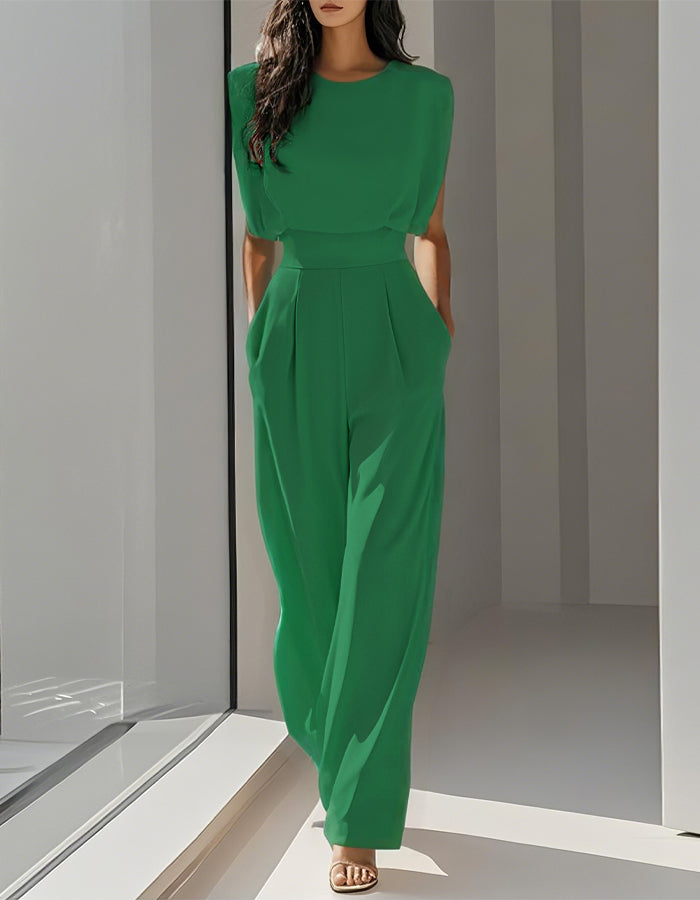 Green Round Neck Padded Shoulder Sleeveless High Waist Wide Leg Jumpsuit
