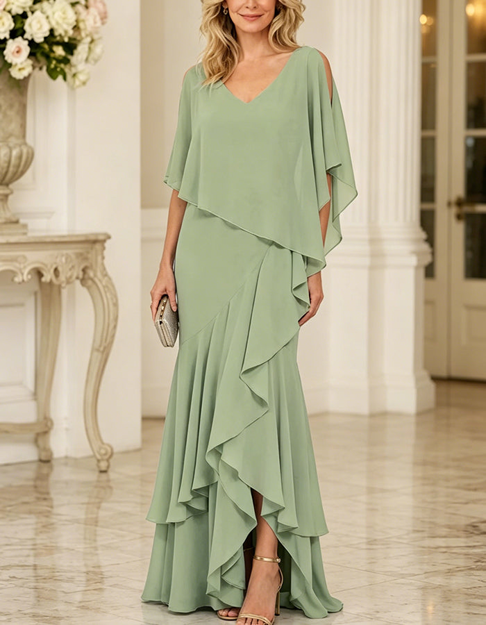 V-Neck Capelet Overlay Chiffon Maxi Dress