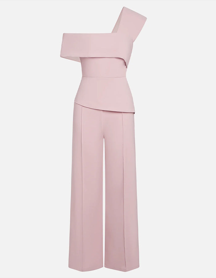 Pink Asymmetrical One Shoulder Ruffled High Waisted Wide Leg Jumpsuit