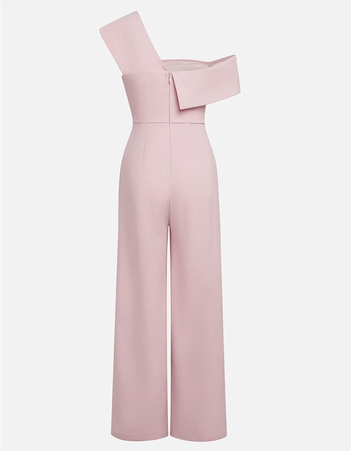 Pink Asymmetrical One Shoulder Ruffled High Waisted Wide Leg Jumpsuit