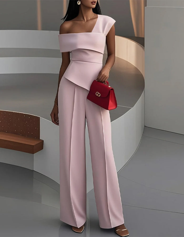 Pink Asymmetrical One Shoulder Ruffled High Waisted Wide Leg Jumpsuit