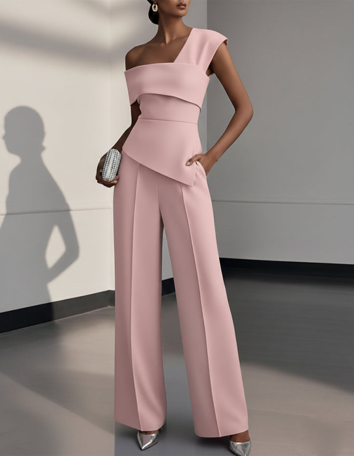Pink Asymmetrical One Shoulder Ruffled High Waisted Wide Leg Jumpsuit