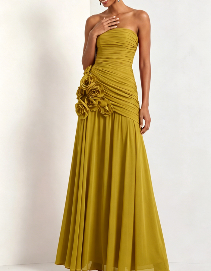 Strapless Pleated Chiffon Floral Appliqué Maxi Dress