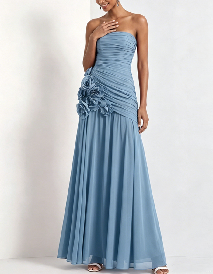 Strapless Pleated Chiffon Floral Appliqué Maxi Dress