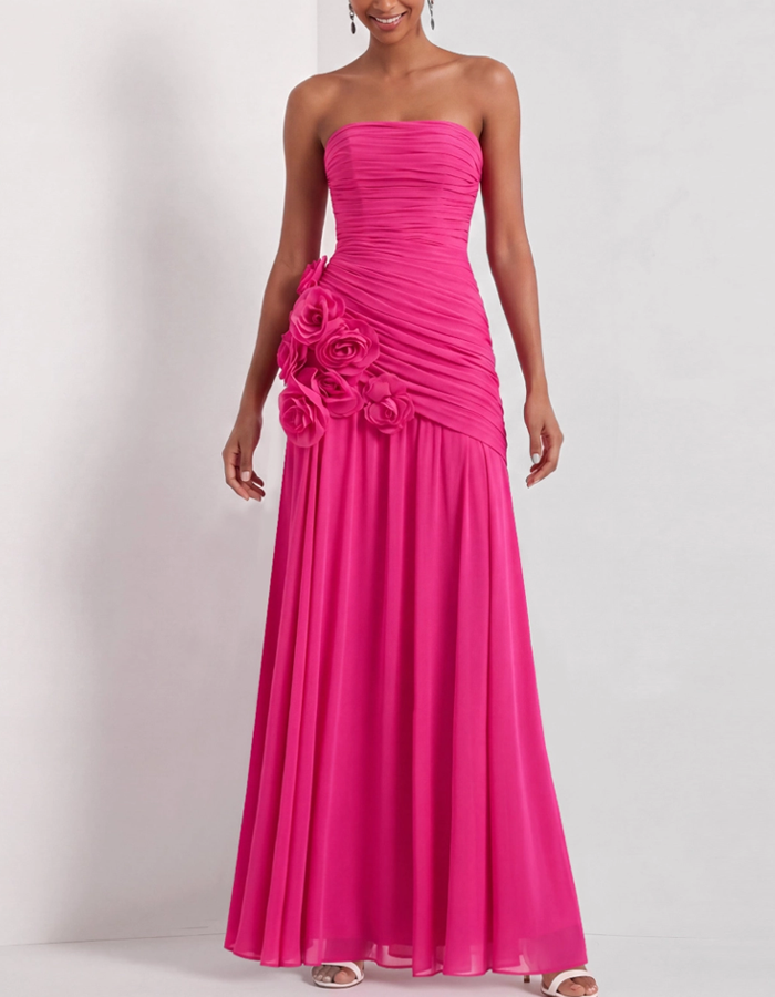Strapless Pleated Chiffon Floral Appliqué Maxi Dress