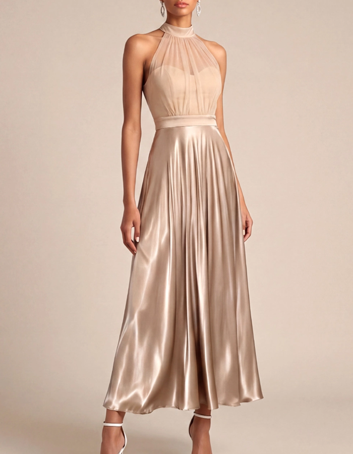 Champagne-Colored Slip-On Satin Midi Dress