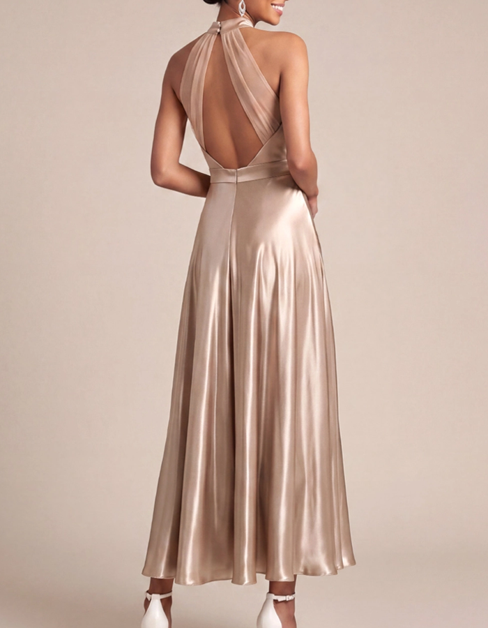 Champagne-Colored Slip-On Satin Midi Dress