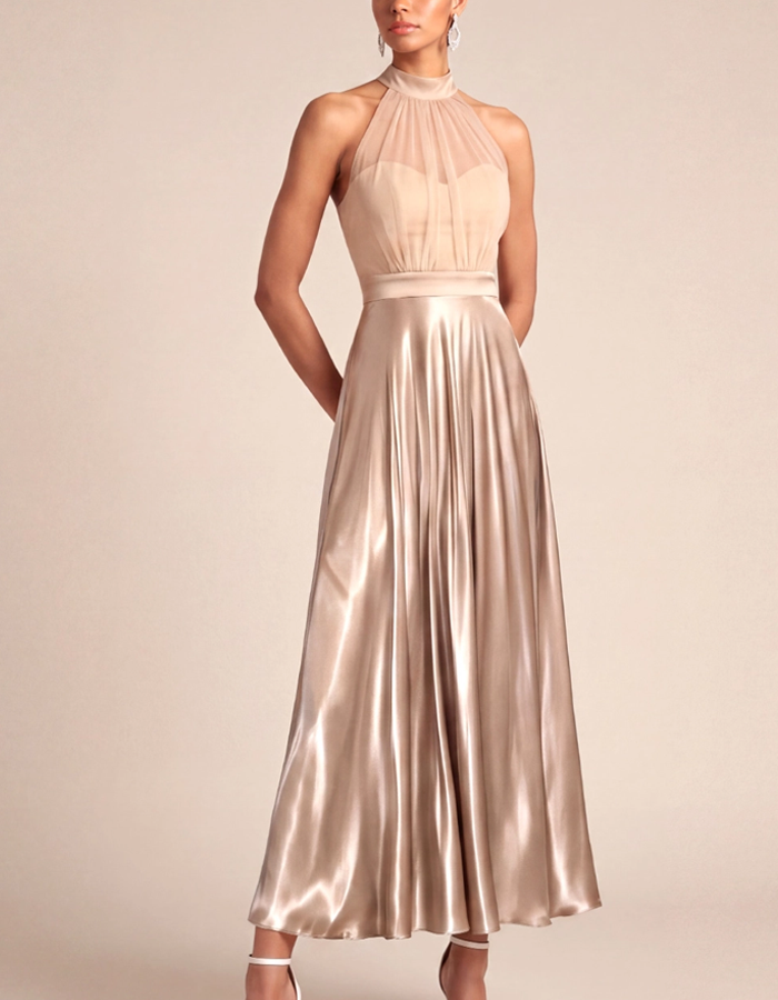 Champagne-Colored Slip-On Satin Midi Dress