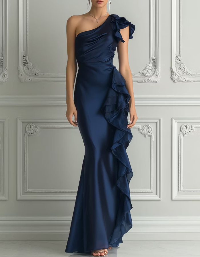 Navy Blue One-Shoulder Maxi Dress