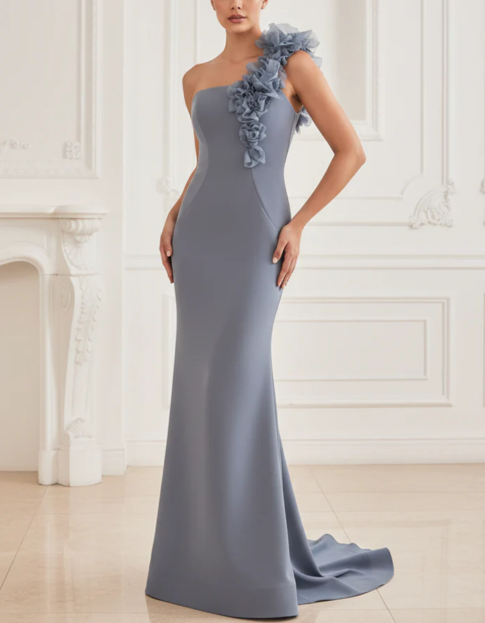 Pale Blue One-Shoulder Maxi Dress
