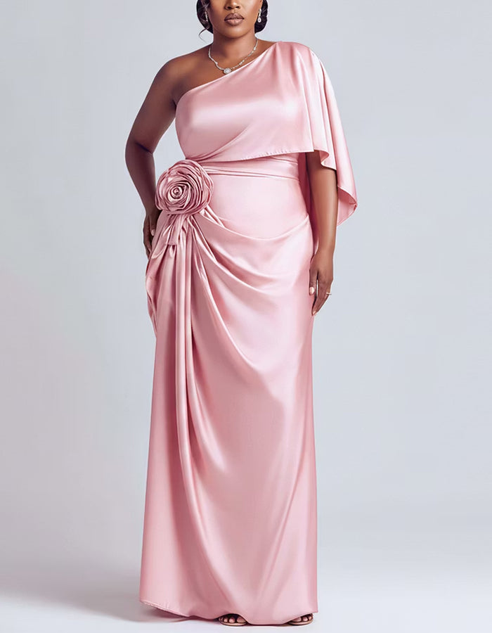 Pink Satin One Shoulder Maxi Dress