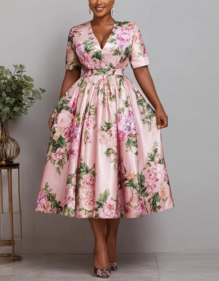 Pink V-Neck Floral Satin Midi Dress