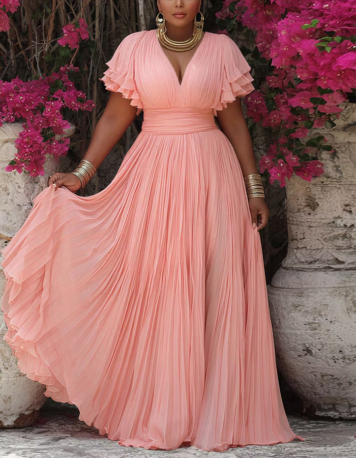 Pink Chiffon V-Neck Double Layered Ruffle Short Sleeved Maxi Dress