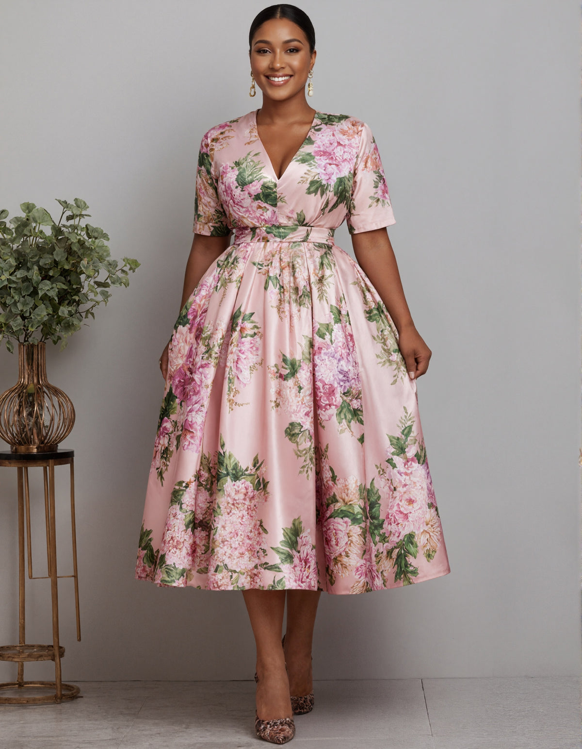 Pink V-Neck Floral Satin Midi Dress