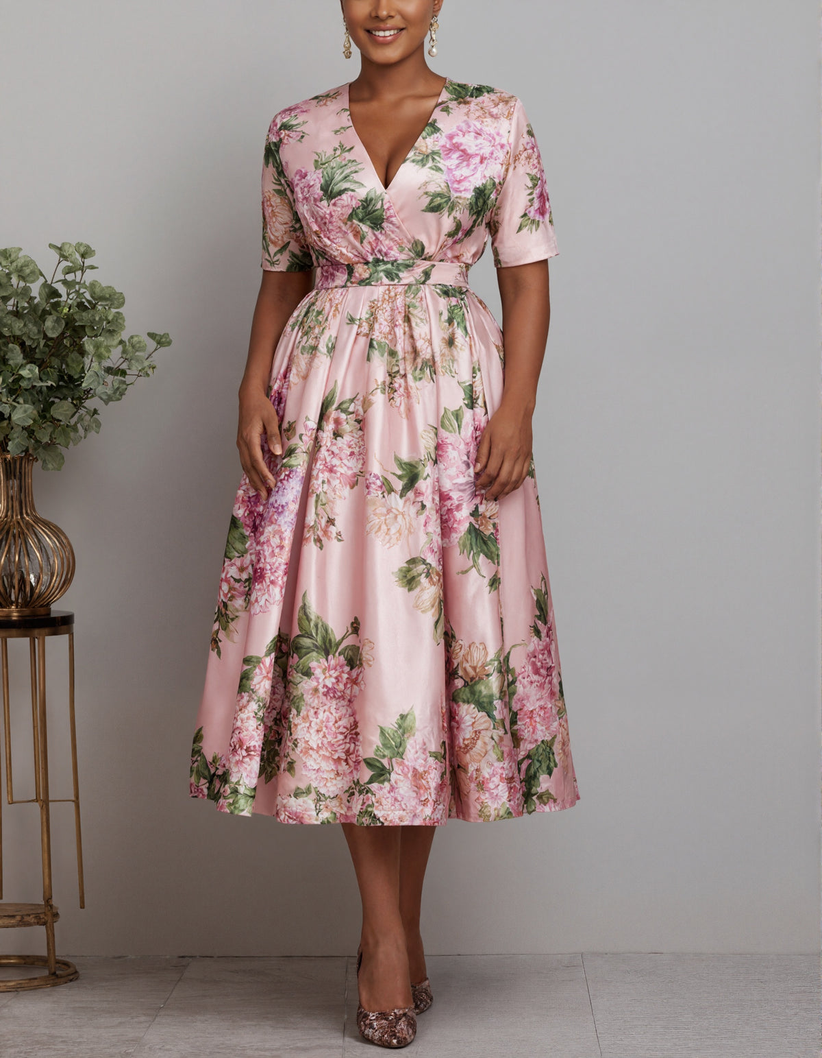 Pink V-Neck Floral Satin Midi Dress