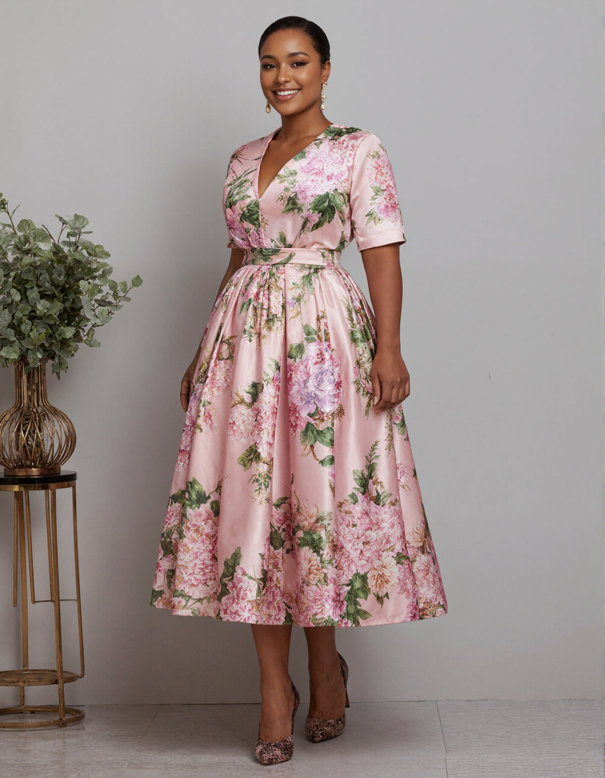 Pink V-Neck Floral Satin Midi Dress