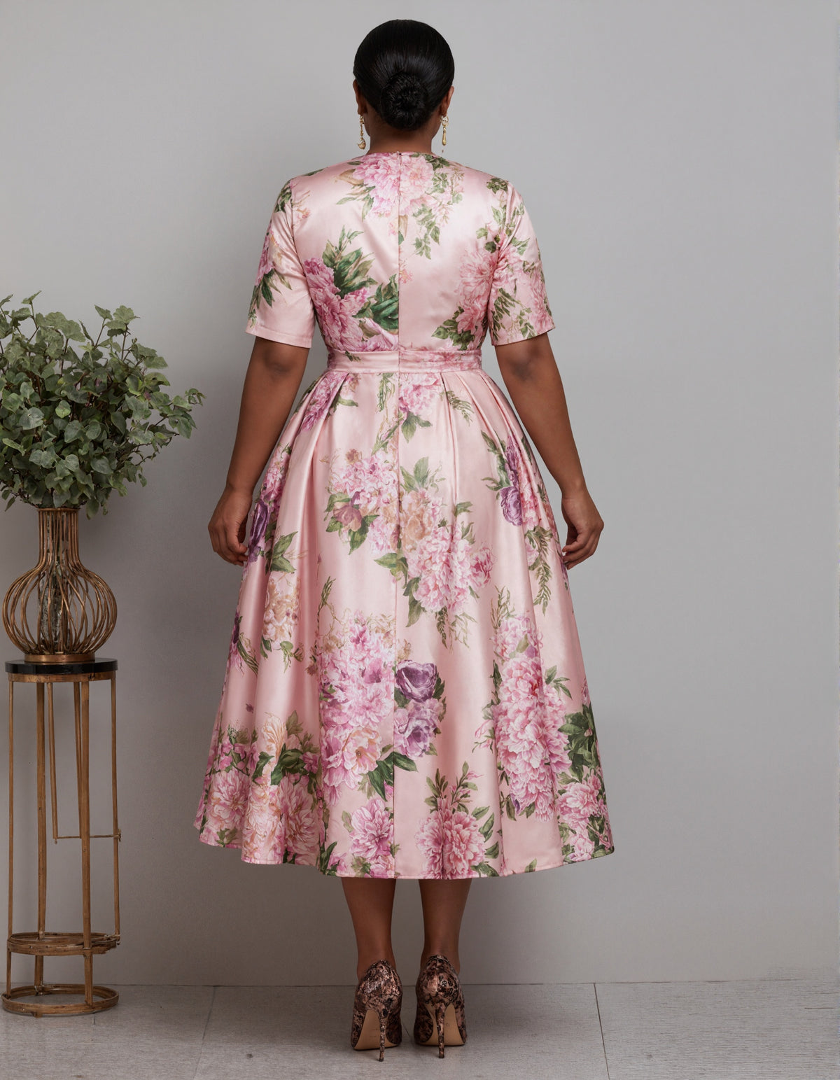 Pink V-Neck Floral Satin Midi Dress