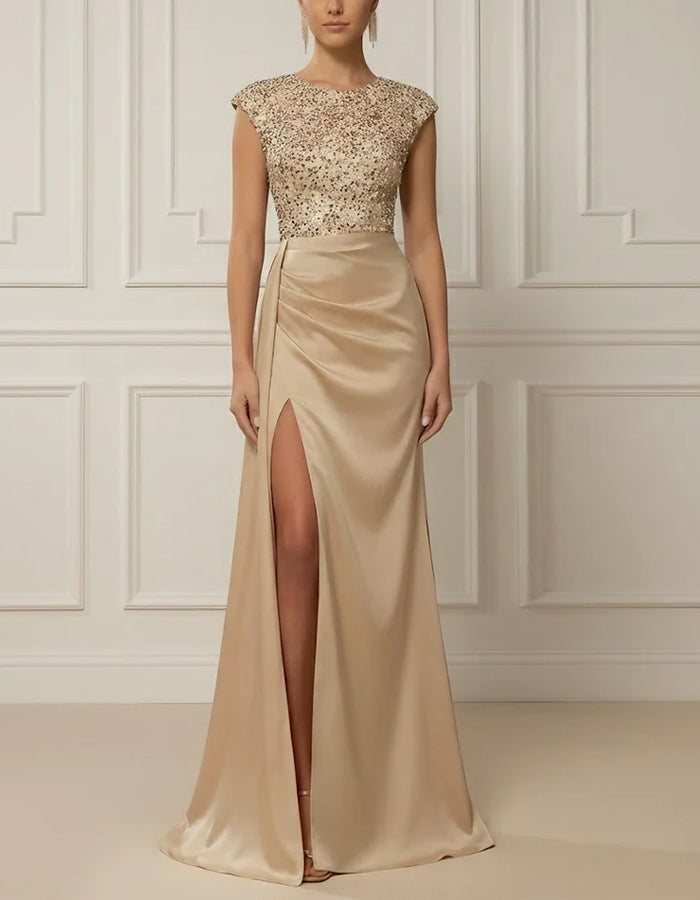 Solid Color Sequined Short Sleeved Satin Maxi Dress