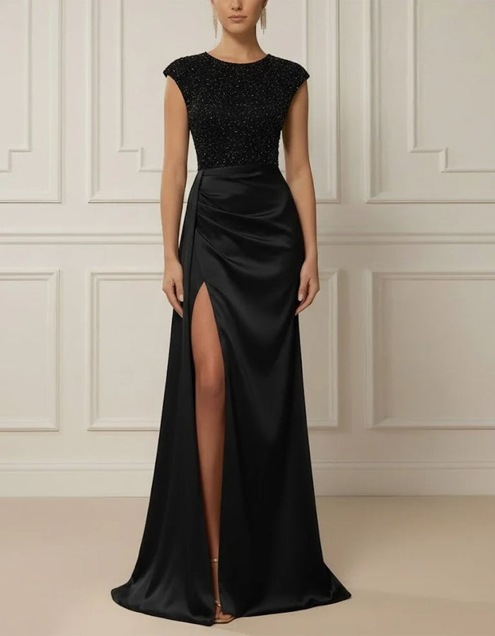 Solid Color Sequined Short Sleeved Satin Maxi Dress