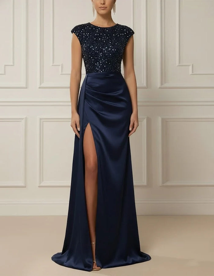Solid Color Sequined Short Sleeved Satin Maxi Dress