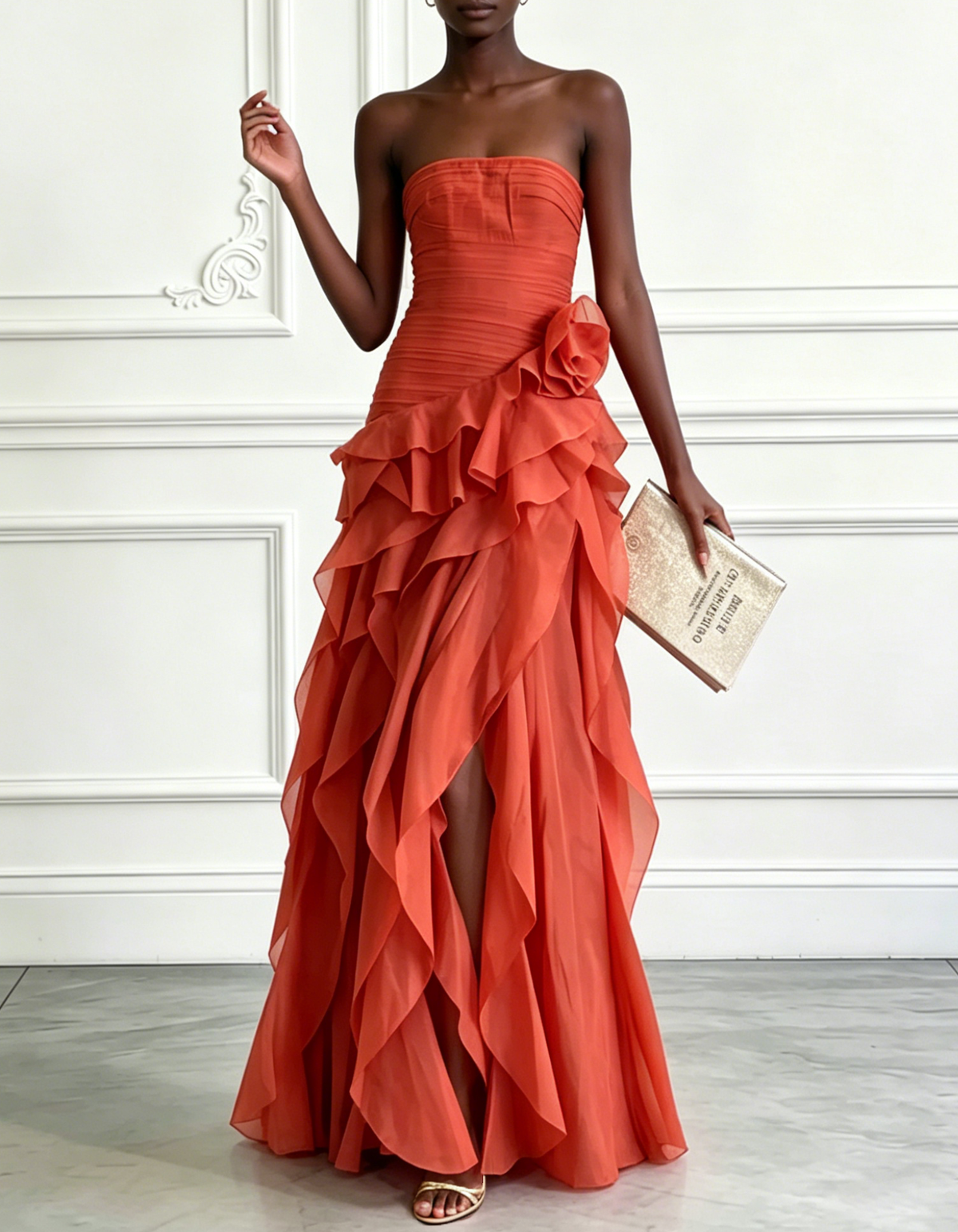 Orange Strapless Ruched Chiffon Ruffled Floral Maxi Dress