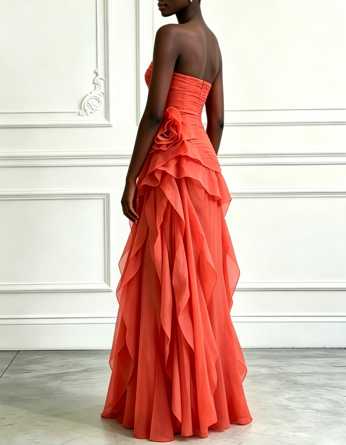 Orange Strapless Ruched Chiffon Ruffled Floral Maxi Dress