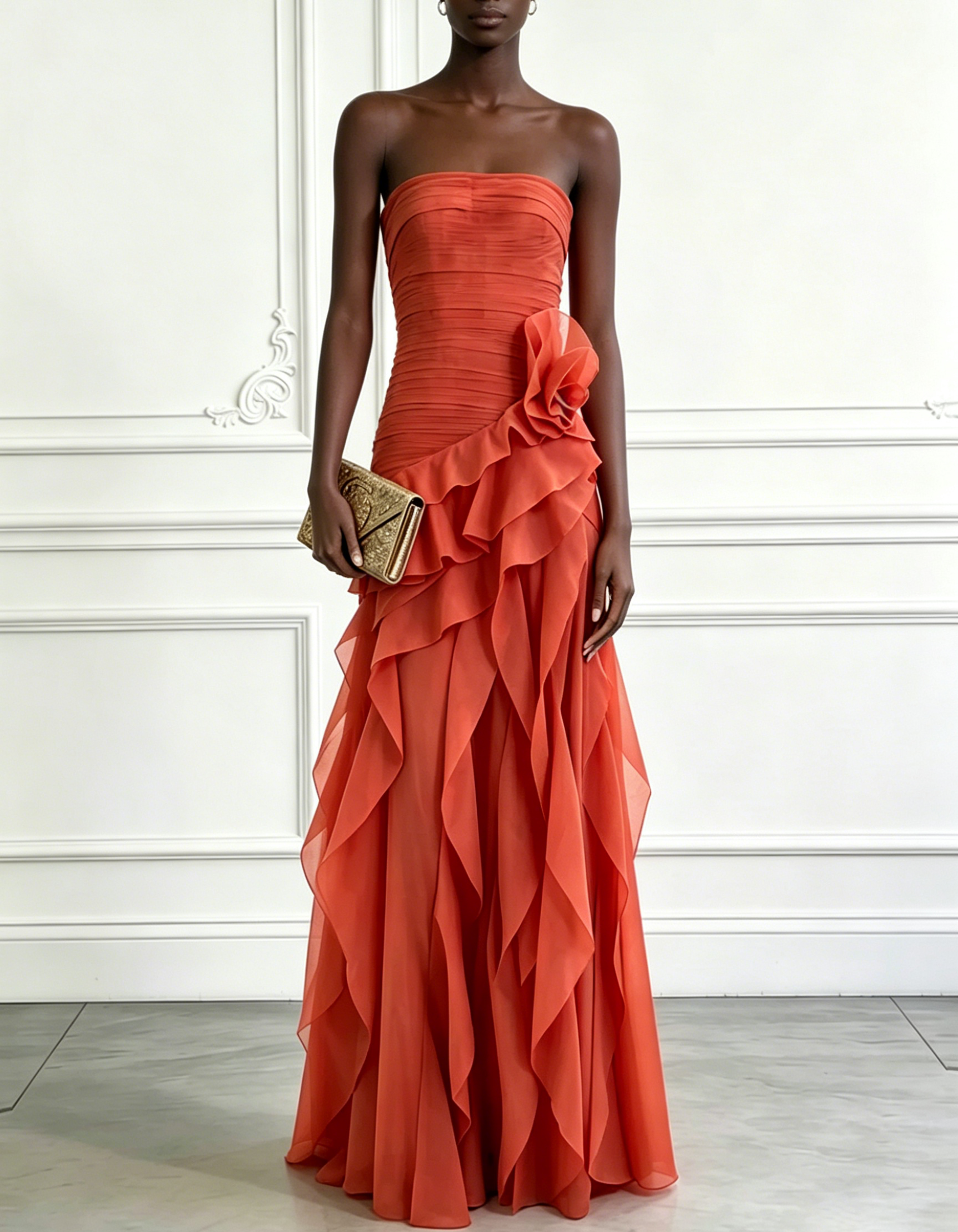 Orange Strapless Ruched Chiffon Ruffled Floral Maxi Dress